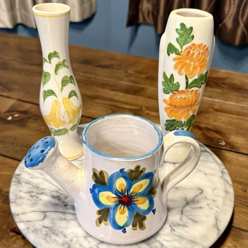 3pc VTG 70s 80s‎ Boho Hippie Spring Ceramic Flower Vase Pot Country Granny Core